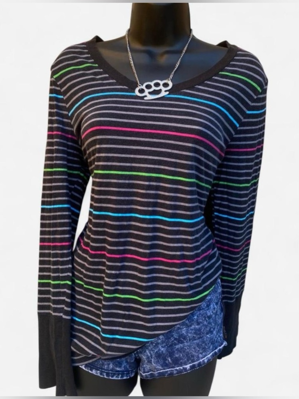Y2k NOBO Black & Grey Striped Longsleeve Top with Hot Pink, Green & Teal Accents